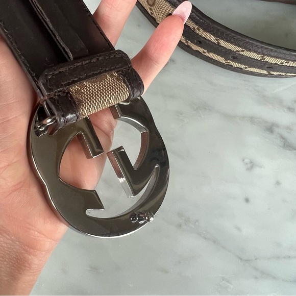 Authentic ✨Vintage Gucci GG Canvas & Brown Leather Interlocking G Belt 90/36 - Picture 8 of 11